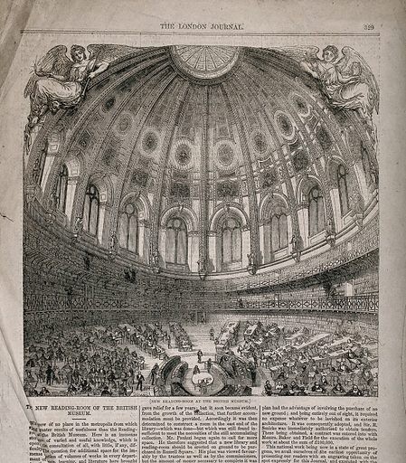 The British Museum: the interior of the reading room, in use. Wood engraving by G. F. Sargent. Created 1800-1899. Museums. Libraries. Domes. Books. Angels. Reading. London (England). British Museum. Contributors: George Frederick Sargent (1811-1864). Work ID: ktnmuc93.